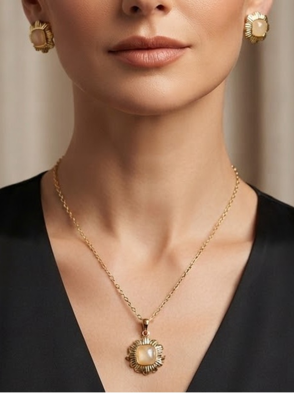 Gold Pearl Sunburst Pendant Necklace and Earrings Set-Stainless Steel